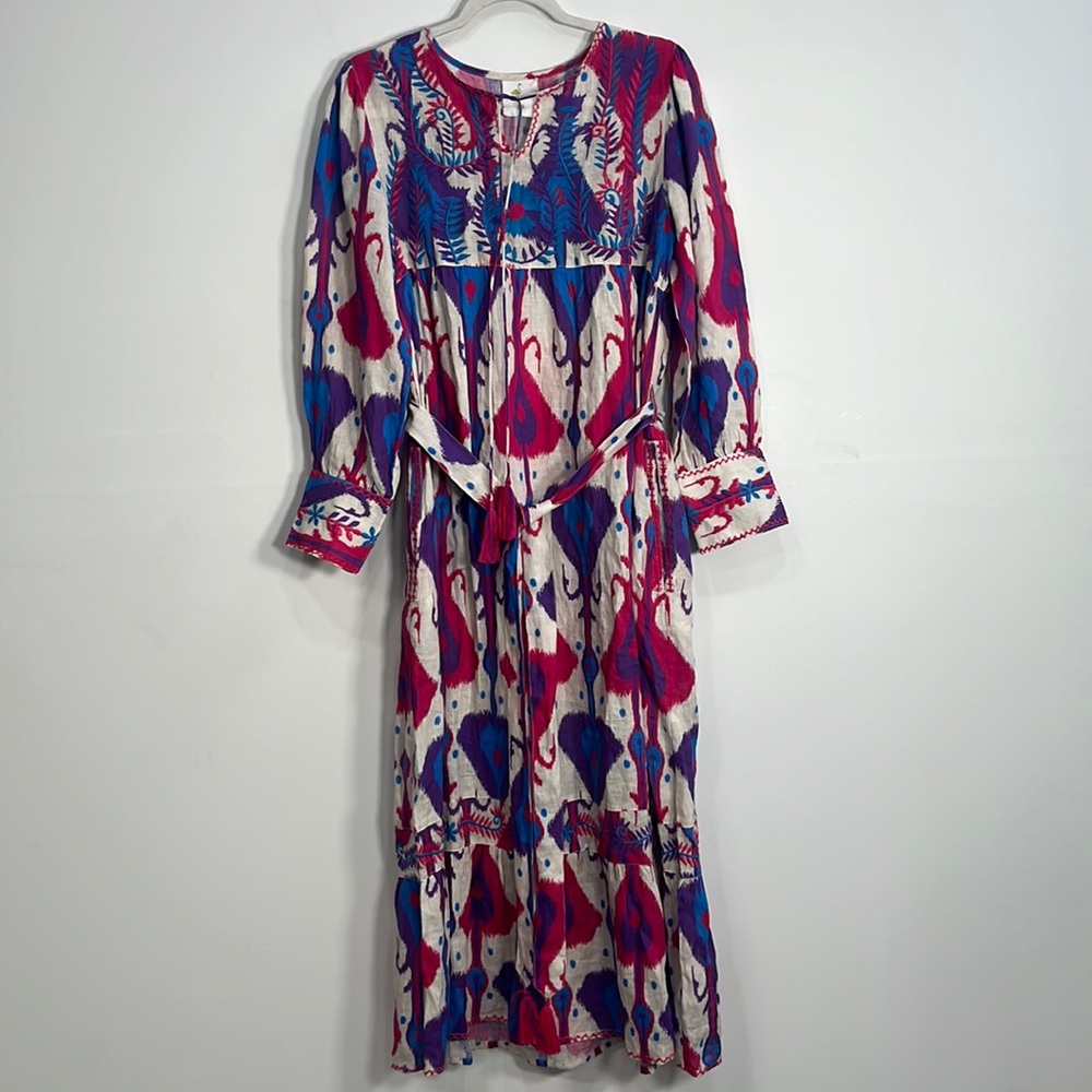 Embroidered Linen Maxi Dress Size M Long Sleeve Pocket